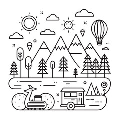Line art illustration of a scenic landscape with mountains, trees, a hot air balloon, and recreational vehicles, isolated on white background