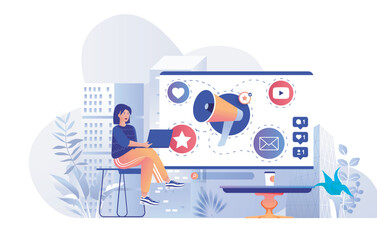 Social media marketing concept for modern web design. People making online advertising campaign for brand promotion, woman creating ad posts. Flat vector illustration isolated on white background.