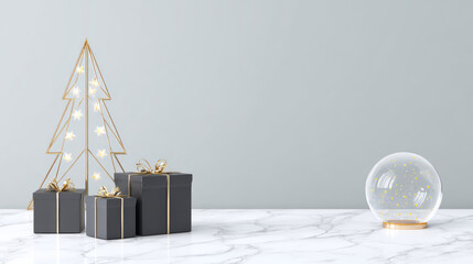 Golden Christmas tree and black gift boxes