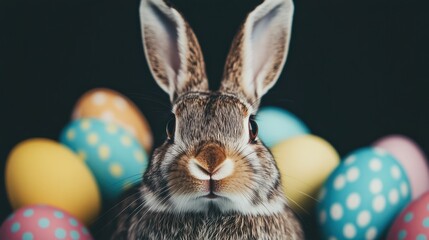 Adorable rabbit surrounded by colorful Easter eggs in festive setting