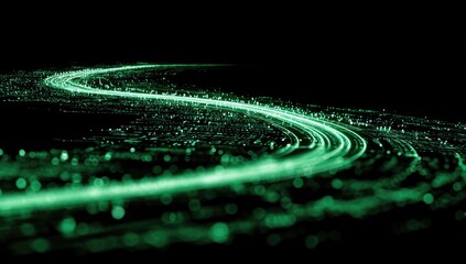 Abstract swirling green light trails on a dark background