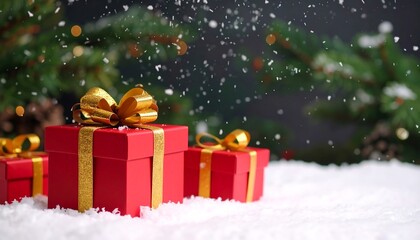 Festive scene featuring red wrapped gift boxes with gold ribbons, resting in snowy white landscape, in front of green foliage. Snowflakes fall creating a magical backdrop. Warm lighting