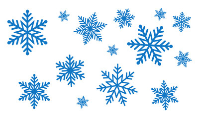 A collection of stylized blue snowflakes floating against a clean white background, depicting winter.