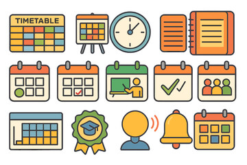 Education, learning outline icon set. timetable, calendar, study tools outline icons