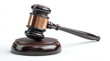 A wooden gavel with a shiny brass band rests on a circular base. The gavel is used in legal settings to signify authority and decision-making.
