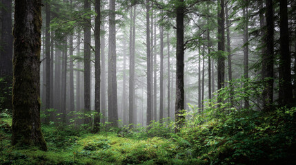 Obraz premium Dense forest shrouded in mist