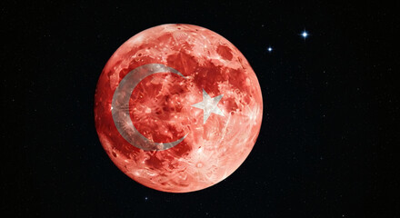 Mysterious red planet adorned with Turkish flag symbolism floats in starry cosmic expanse