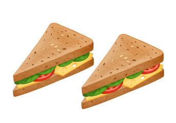 Isolated club sandwiches, whole grain bread, cheese, tomatoes, and salad, healthy filling