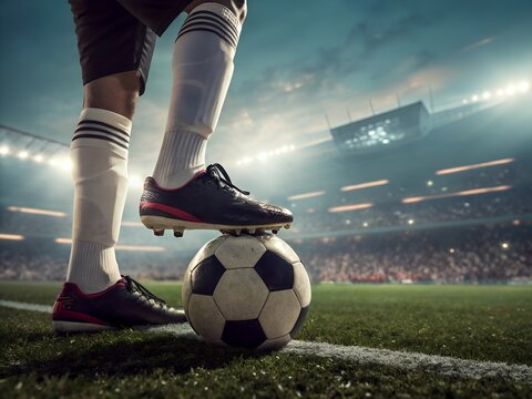 Soccer Player Stepping on a Ball on a Professional Stadium Field at Night