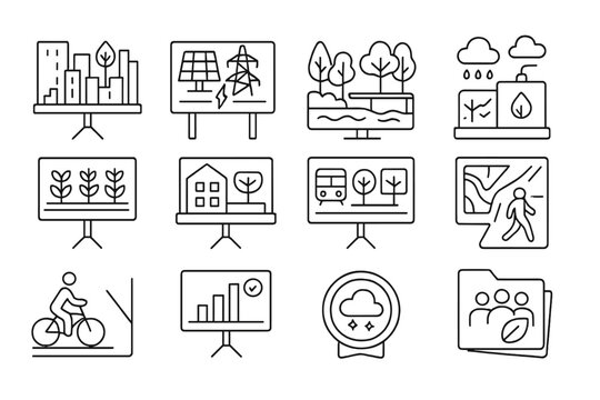 Eco-friendly, urban planning line icon set. sustainable, green solutions collection