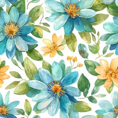 Floral Watercolor Seamless Pattern With Blue And Orange Flowers On White Background