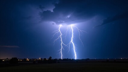 Lightning strikes over a nighttime landscape.