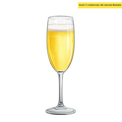 French 75 cocktail recipe with watercolor illustration of champagne flute with lemon twist garnish on light background. Ingredients and measurements listed below. Classic cocktail guide