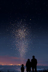 Family enjoying a fireworks display at night by the riverside, with a starry sky backdrop