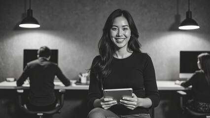 Smiling woman holds tablet in modern office setting, with colleagues working in background. atmosphere is professional and collaborative