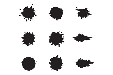 Collection of ten black ink splatter set. Hand drawn spray design elements Various spray paint graffiti decorative splatters. Vector illustration