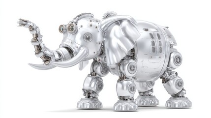 Fototapeta premium Futuristic robotic elephant sculpture with metallic finish and intricate mechanical details on a plain white background