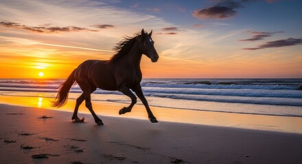 Dark horse galloping on a sunlit beach at sunset Waves crash on the shore under a vibrant orange and blue sky with scattered clouds