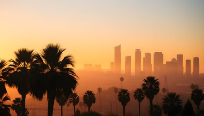 Obraz premium A hazy sunrise over the Los Angeles skyline with silhouetted palm trees in the foreground.