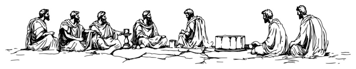 greek philosophers playing board game – ancient monochrome vector line art