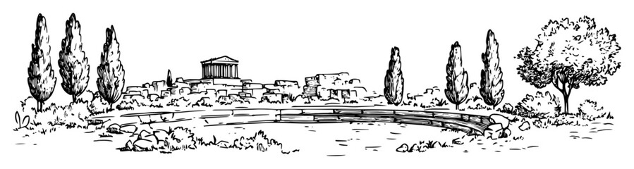 greek landscape with temple ruins – monochrome outline vector illustration