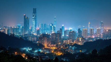 Obraz premium City Night View with Skyscrapers and Mountain Foreground, Perfect for Urban Landscape and Travel Promotions