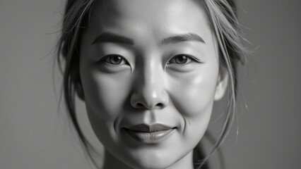 Fototapeta premium Realistic portrait of smiling woman with detailed facial features, showcasing serene expression and soft lighting