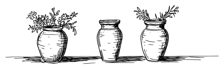 ancient greek vases with herbs – monochrome outline vector illustration