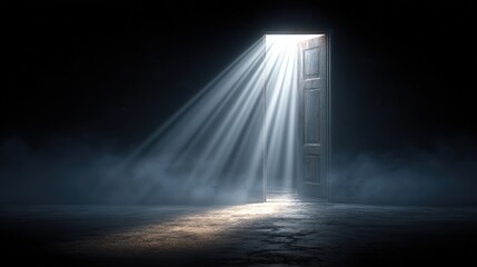 Mysterious dark room with a partially open door letting in bright light and fog creating an eerie atmosphere of mystery and anticipation