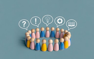 Conceptual image of a diverse group of people in a circular meeting. White icons in speech bubbles represent brainstorming, collective intelligence, knowledge sharing, and teamwork