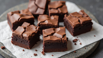 Delicious chocolate brownies with rich, fudgy texture and glossy top, perfect for dessert lovers
