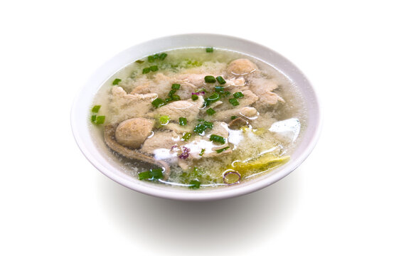 Sang Nyuk Mian - Chinese Cuisine Fresh Pork Slices Soup in White Background