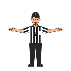 Isolated sports referee cartoon making a hand signal with outstretched arms, a flat vector concept illustration of rules and judgment in a game