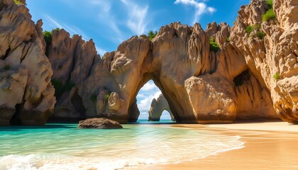 Stunning coastal landscape featuring a natural rock archway, turquoise water, and a sandy beach under a bright blue sky.