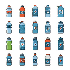 A diverse set of colorful sports water bottle icons, representing hydration and energy for fitness, workouts, and athletic performance