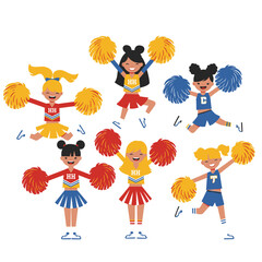Energetic and diverse group of happy cartoon cheerleader girls in colorful uniforms jumping with pom-poms