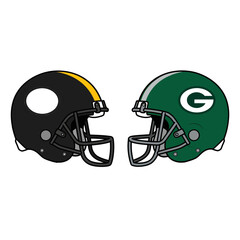 Vector illustration of two classic American football helmets facing off in a competitive sports matchup, one black team versus a green team icon