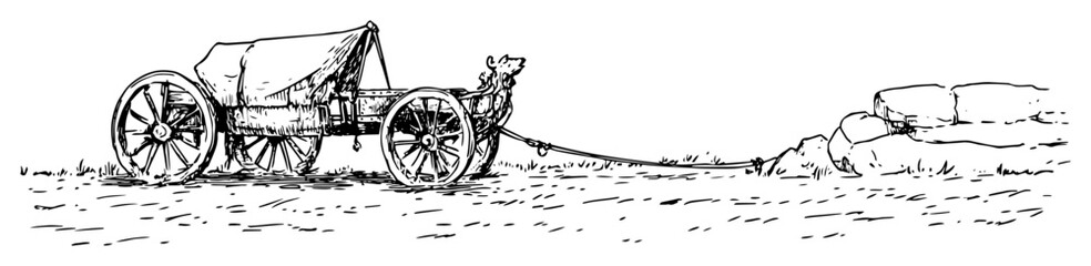 Fototapeta premium ancient greek cart with donkey – monochrome outline vector illustration