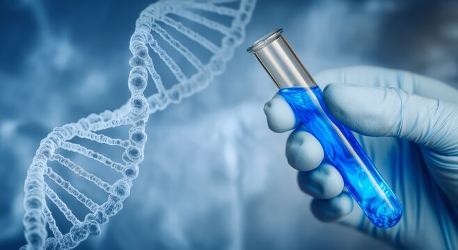 a scientist holding a test tube with a DNA helix in background