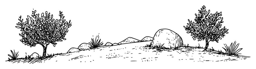 Naklejka premium greek countryside with trees and rocks – monochrome outline vector illustration