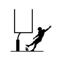 Dynamic silhouette of an American football kicker executing a field goal kick towards the posts on a white background
