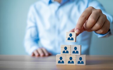 Strategic human resources management and leadership concept, with a manager's hand choosing a top employee to complete a corporate team pyramid
