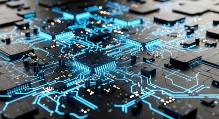 Detailed view of a dark circuit board with multiple chips and glowing blue interconnected lines representing data flow or electronic signals