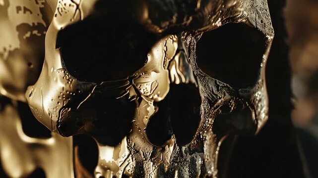 A close-up view of a skull on a table, suitable for use in scenes about death, decay, or mystery