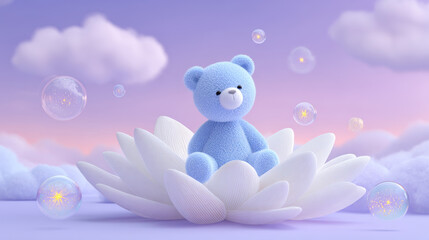 Fototapeta premium Blue plush bear sitting on a lotus