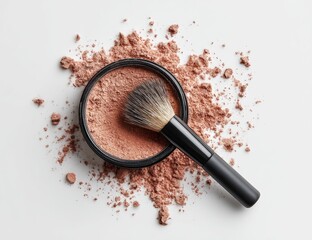 A circular makeup powder container with loose powder spilled around it, and a black makeup brush