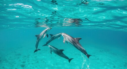Fototapeta premium Four playful dolphins swim in turquoise waters, their bodies glistening under the surface.