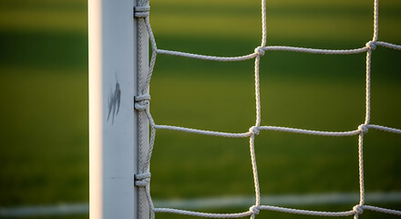 Close-up of a soccer goal's net and post, showing the netting's texture and a blurred green field background.