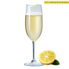 French 75 cocktail recipe with watercolor illustration of champagne flute with lemon twist garnish on light background. Ingredients and measurements listed below. Classic cocktail guide