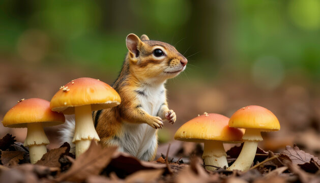 -Chipmunk among orange mushrooms on forest floor, lowangle, curious-